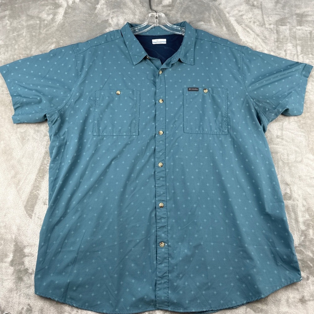 Columbia Button-Down Mens 3X Omni-Wick Teal Blue Sunburst Geometric EUC
